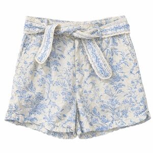 Laura Ashley 100% Linen Blue Toile Paperbag Waist Shorts Size Large
